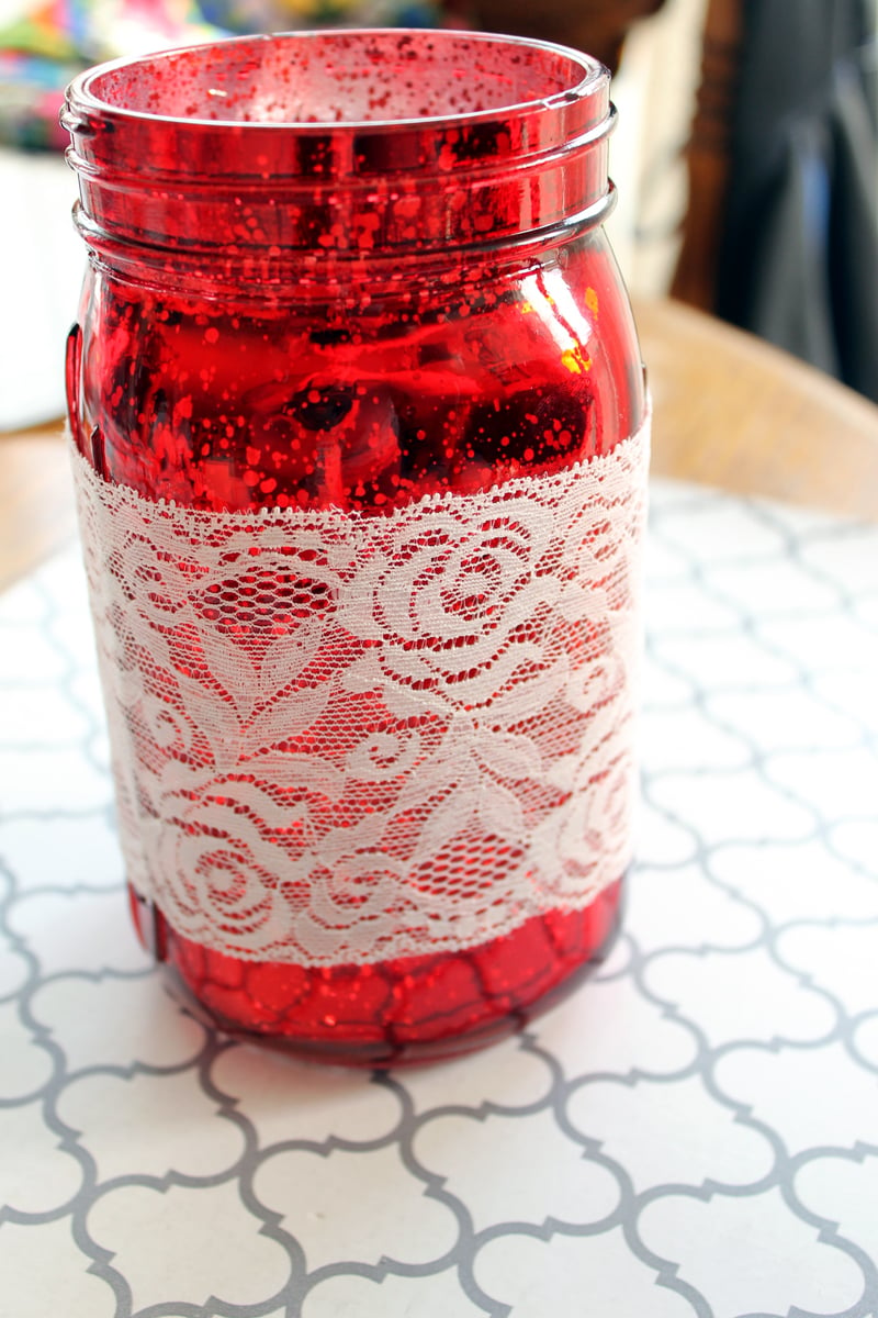 hot gluing lace to mason jars