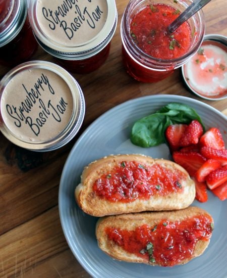 Make strawberry basil jam and add on our free printable labels! A great freezer jam recipe that only takes minutes to make! The sweet and savory combination will really hit the spot!