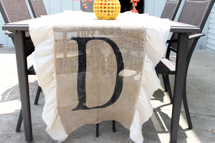 burlap table runner with the letter d