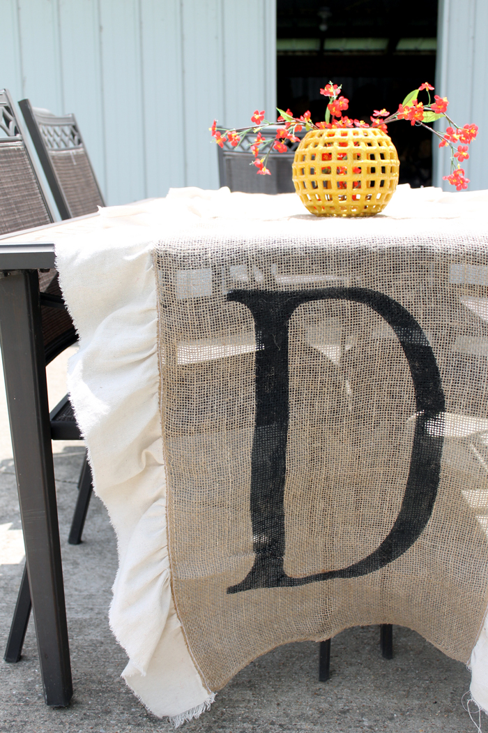 burlap table runner with white ruffles