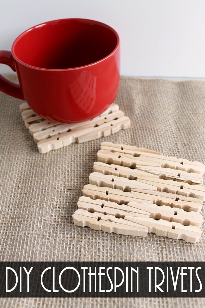 red coffee cup and two clothespin trivets on burlap with text overlay saying "diy clothespin trivets"