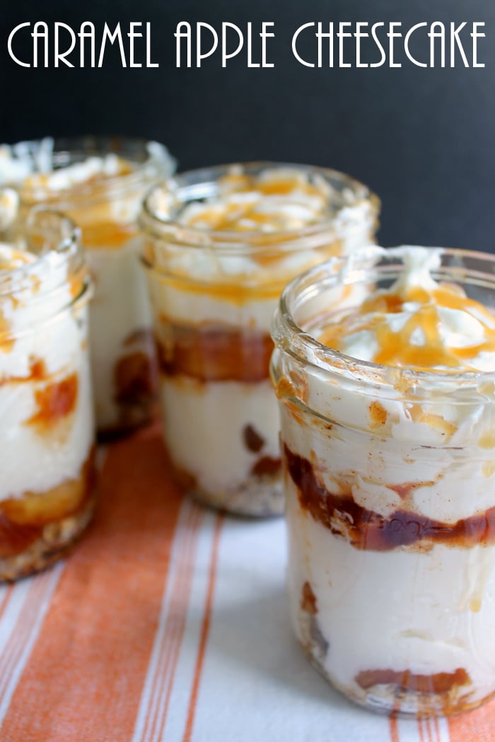 Try this delicious caramel apple cheesecake recipe in a jar this fall! A delicious recipe that makes a mouthwatering dessert!