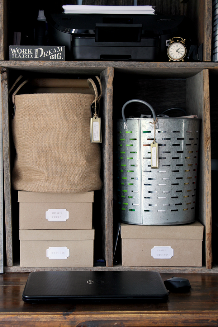 These burlap and metal baskets are perfect office storage pieces