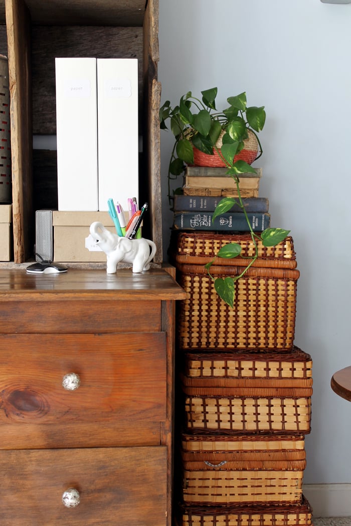 These stacked wicker baskets are more hidden storage in my farmhouse style office