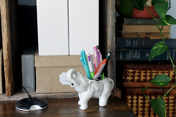 This adorable elephant creamer is repurposed in my farmhouse style office as a pen holder