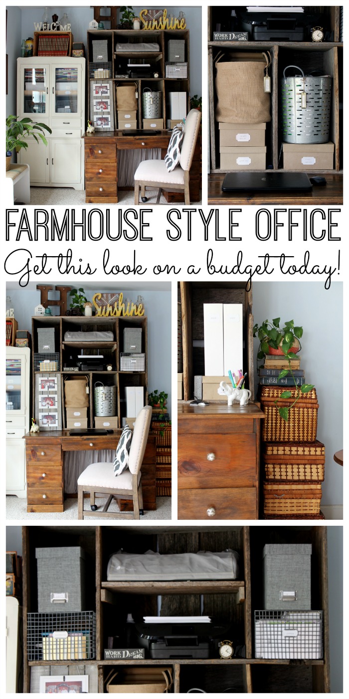 Tour this farmhouse style office area and learn how one blogger created this Fixer Upper look on a budget! A great way to decorate in farmhouse style!