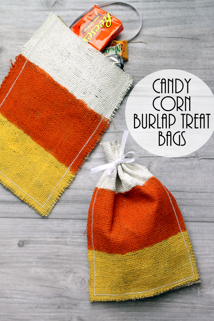 Make these candy corn Halloween treat bags from burlap in just minutes! Great step by step instructions!