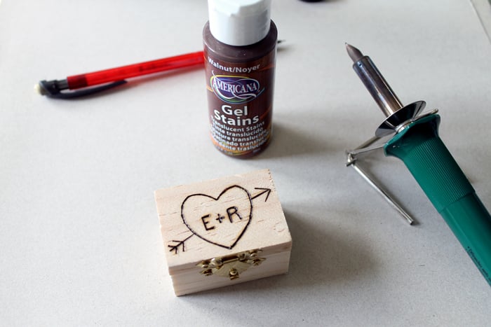 unstained small wooden box with initials and heart detail