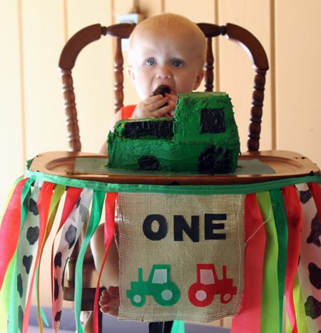 First birthday high chair banner - decorate for your baby's first birthday party! Great for a farm or tractor birthday!