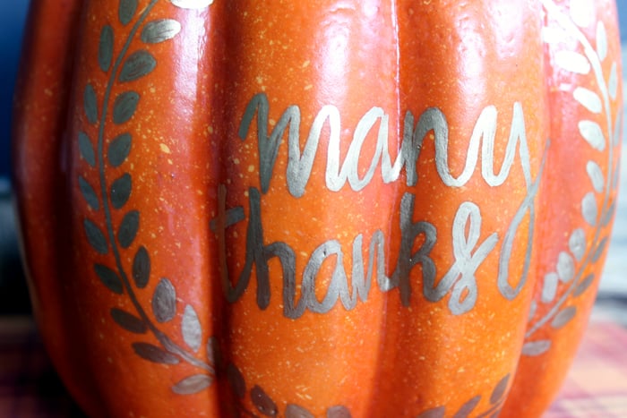 "many thanks" written on pumpkin