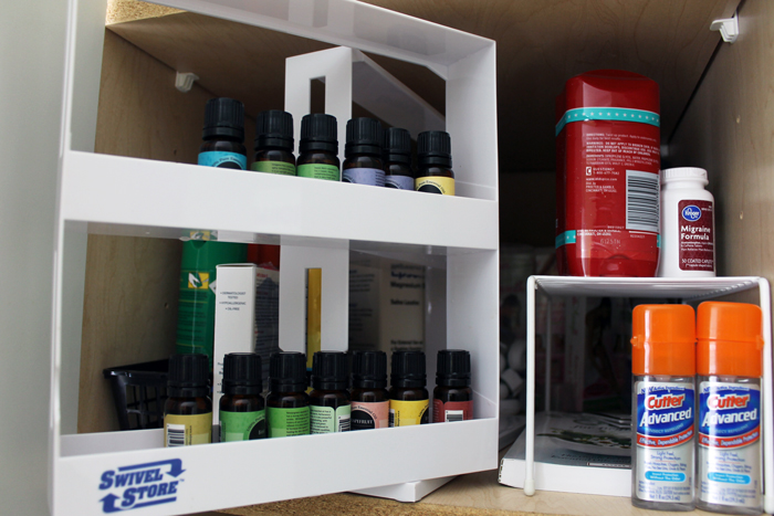 essential oils organized in a spice rack