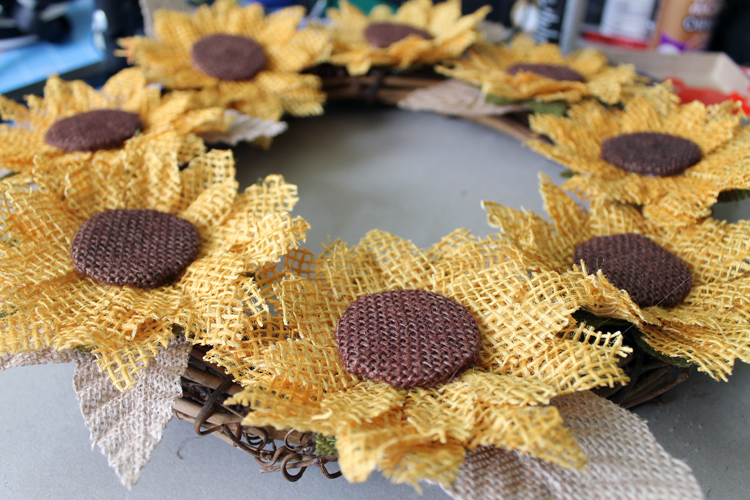 closeup of burlap sunflowers