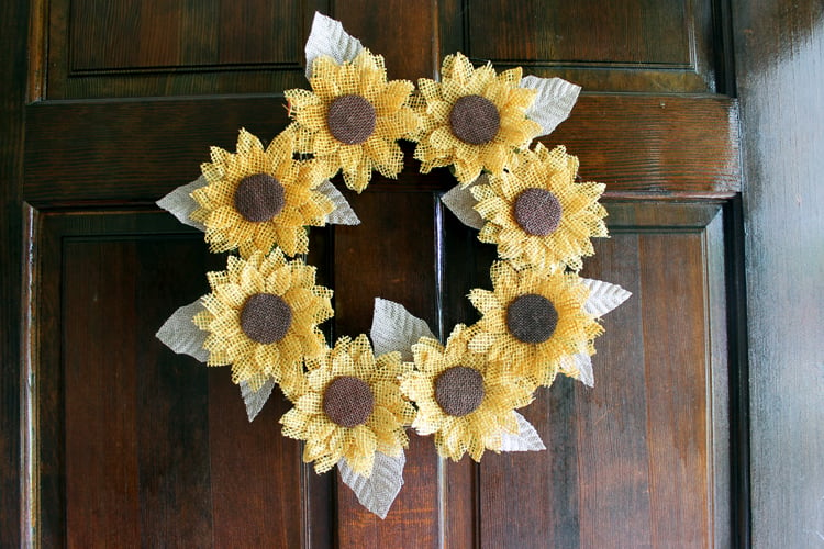 Finished DIY burlap sunflower wreath