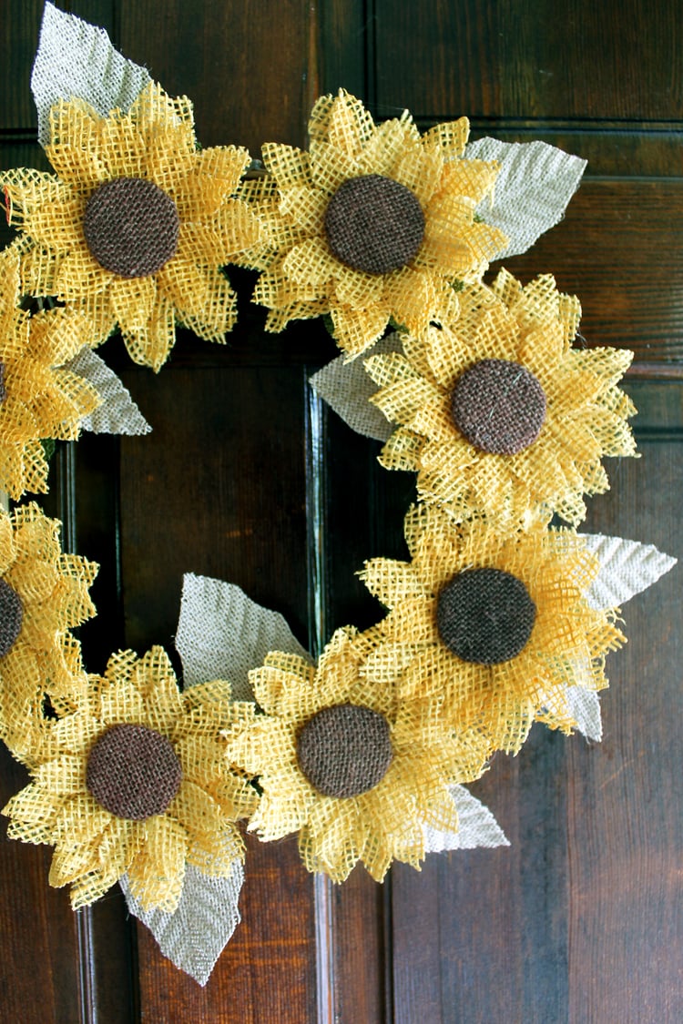 closeup of DIY burlap sunflower wreath