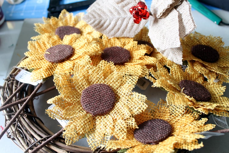 Supplies needed to make a burlap sunflower wreath DIY project for fall