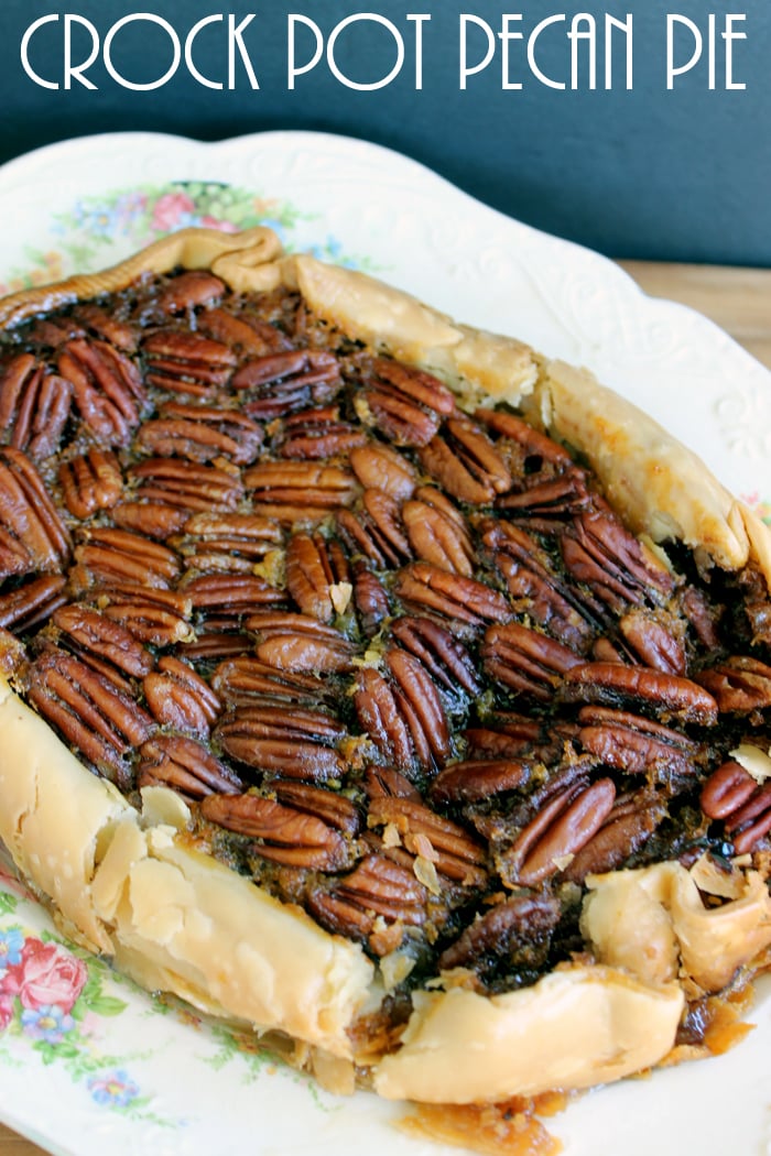 Make this crock pot pecan pie recipe any day of the week! Perfect for Thanksgiving when your oven is full!