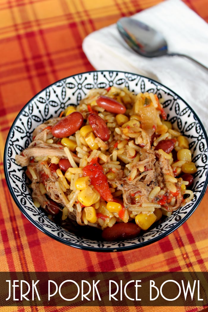 This jerk pork rice bowl is the perfect crock pot meal for winter! Get out that slow cooker!
