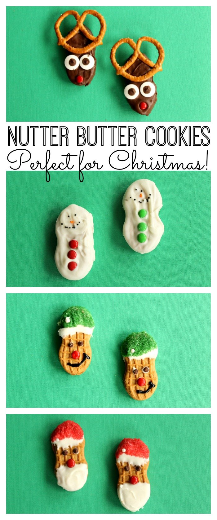 reindeer, santa clause, elf cookies, and snowman cookies on green surfaces