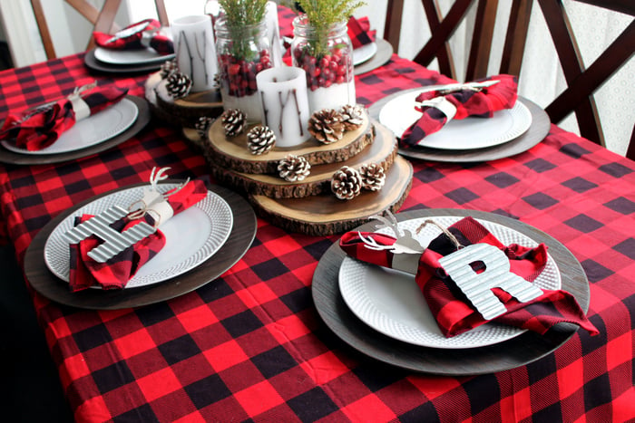 Side view of Christmas plaid table 