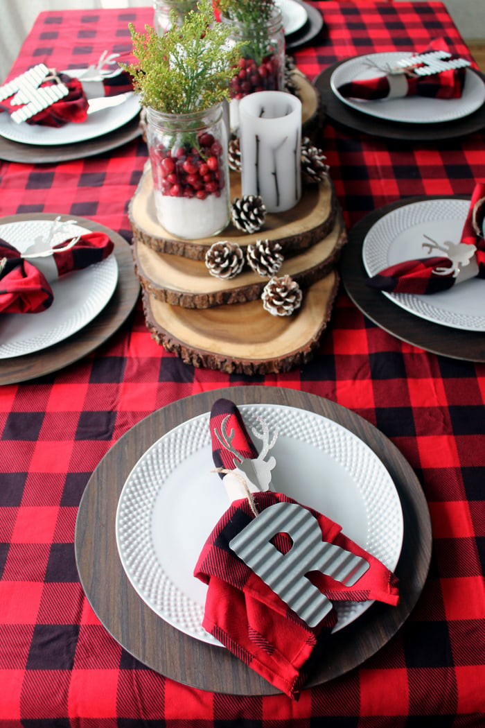 overall look of DIY plaid christmas table decorating 