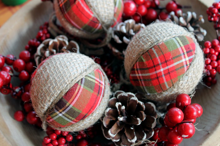 Plaid and Burlap Ornaments - make your own easily using Styrofoam balls! Great video tutorial!