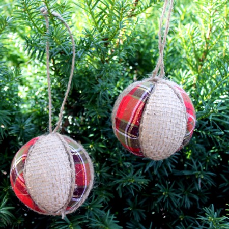 Plaid and Burlap Ornaments - make your own easily using Styrofoam balls! Great video tutorial!