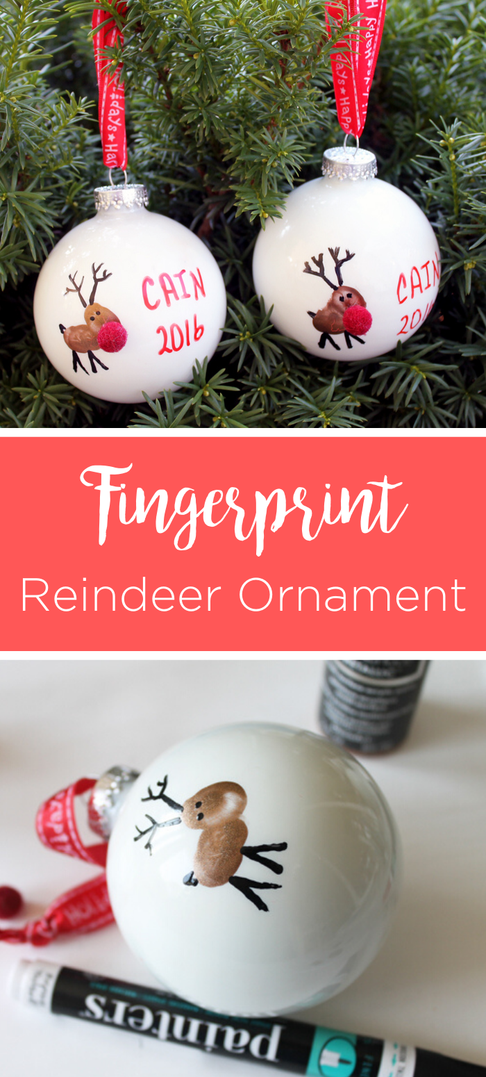 2 reindeer ornaments made with fingerprints