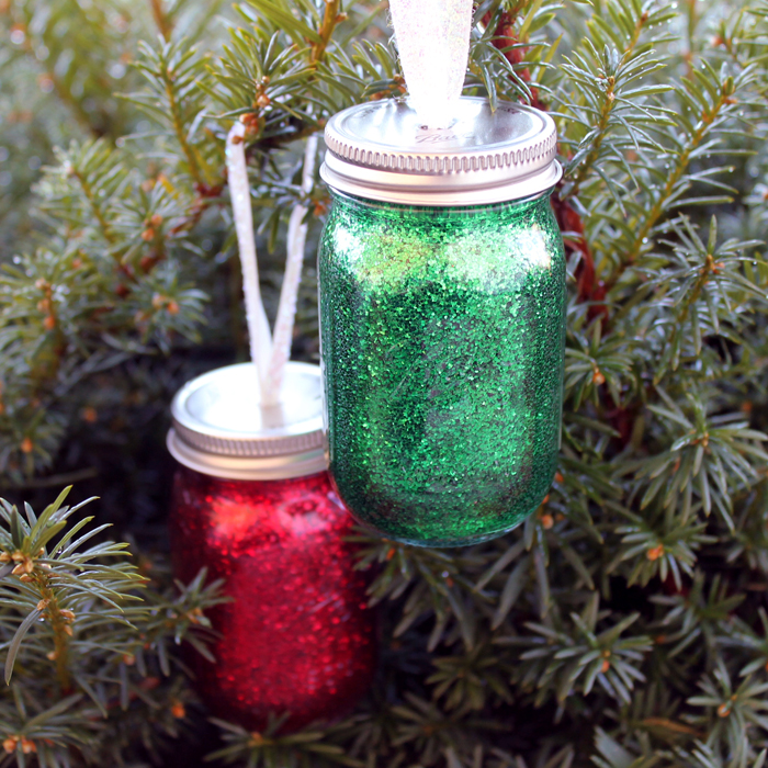 DIY glitter mini mason jar ornament hanging on tree