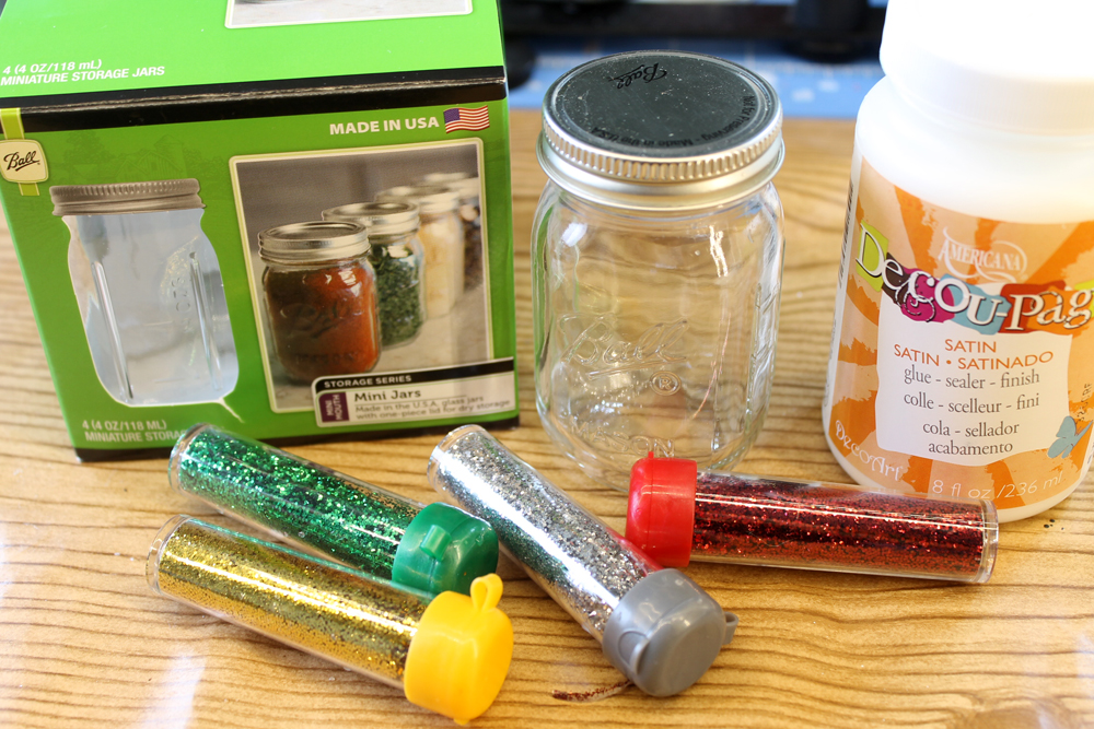 supplies for DIY glitter mini mason jar ornament