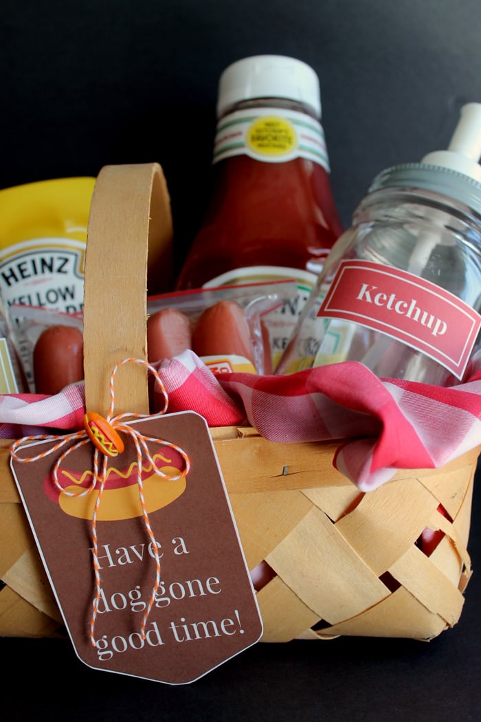 A close up of the tag on the hot dog gift basket