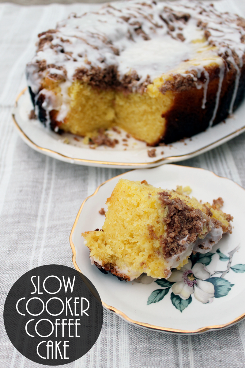 A crock pot coffee cake with vanilla glaze.