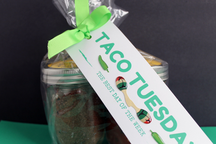 close up of taco starter kit in a jar with gift tag