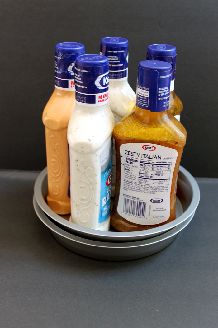 Salad dressing bottles on lazy susan