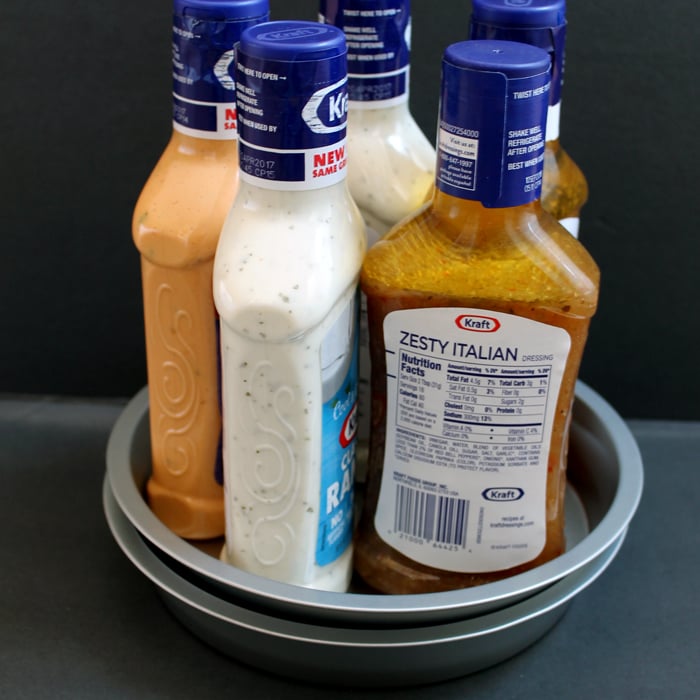 Salad dressing bottles on lazy susan