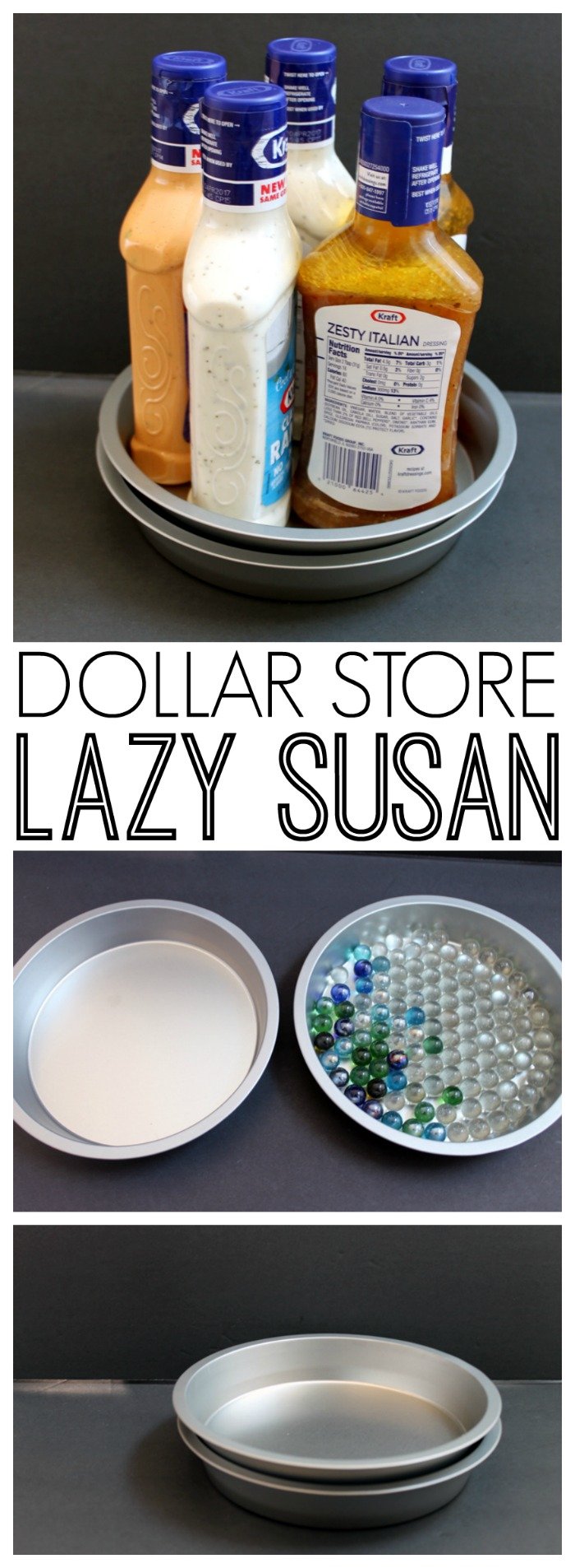 Dollar store lazy susan organizing idea - an inexpensive way to organize your kitchen cabinets!