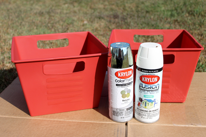 red containers with spray paint