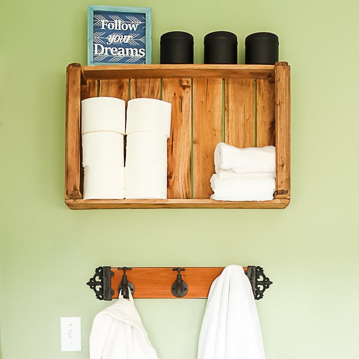 Farmhouse Style Toilet Paper Holder with Storage Shelf Finished in