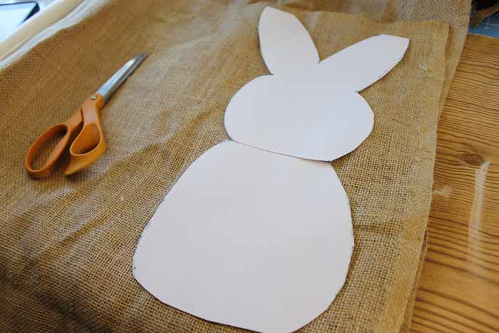 bunny pattern on burlap with scissors