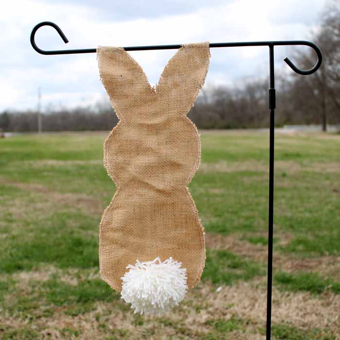 bunny burlap flag hanging in yard