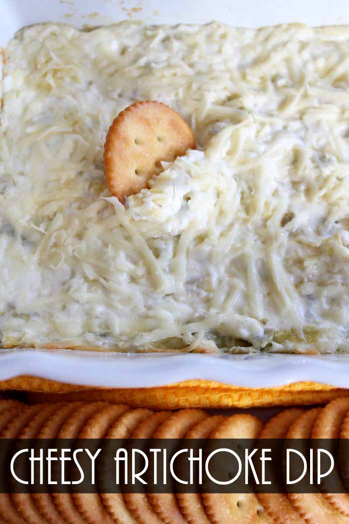 Make this cheesy artichoke dip recipe for any party! The perfect appetizer for a crowd!