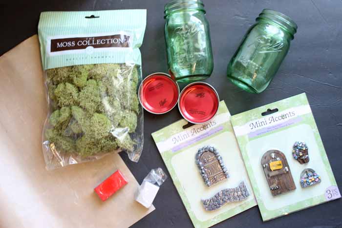 supplies to make a fairy garden from a green mason jar