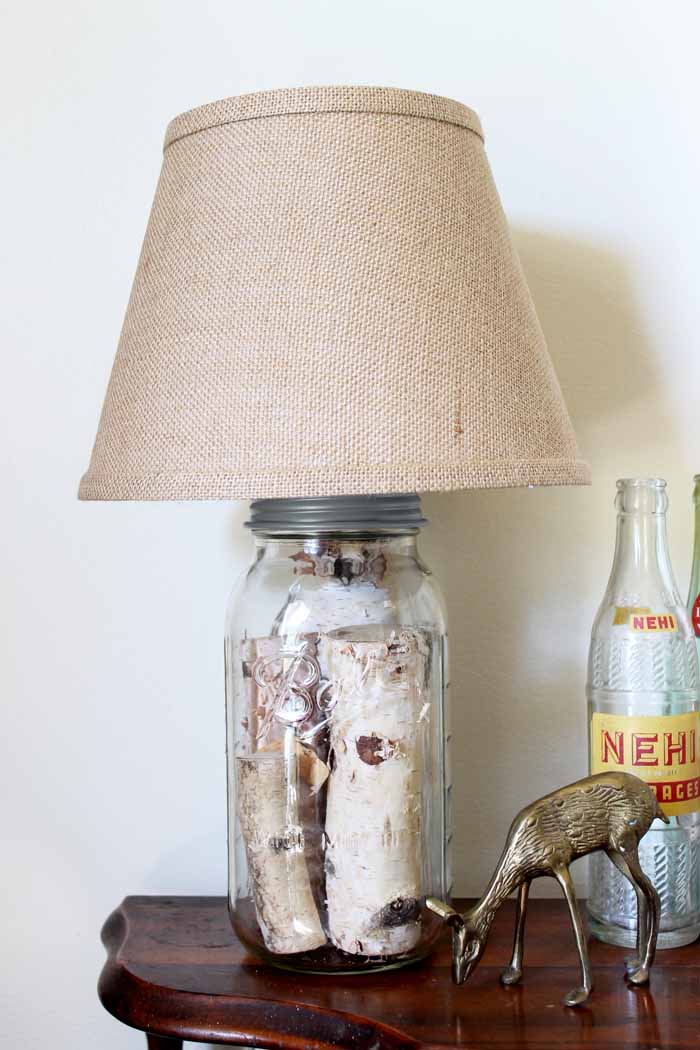 Mason jar table lamp with birch wood
