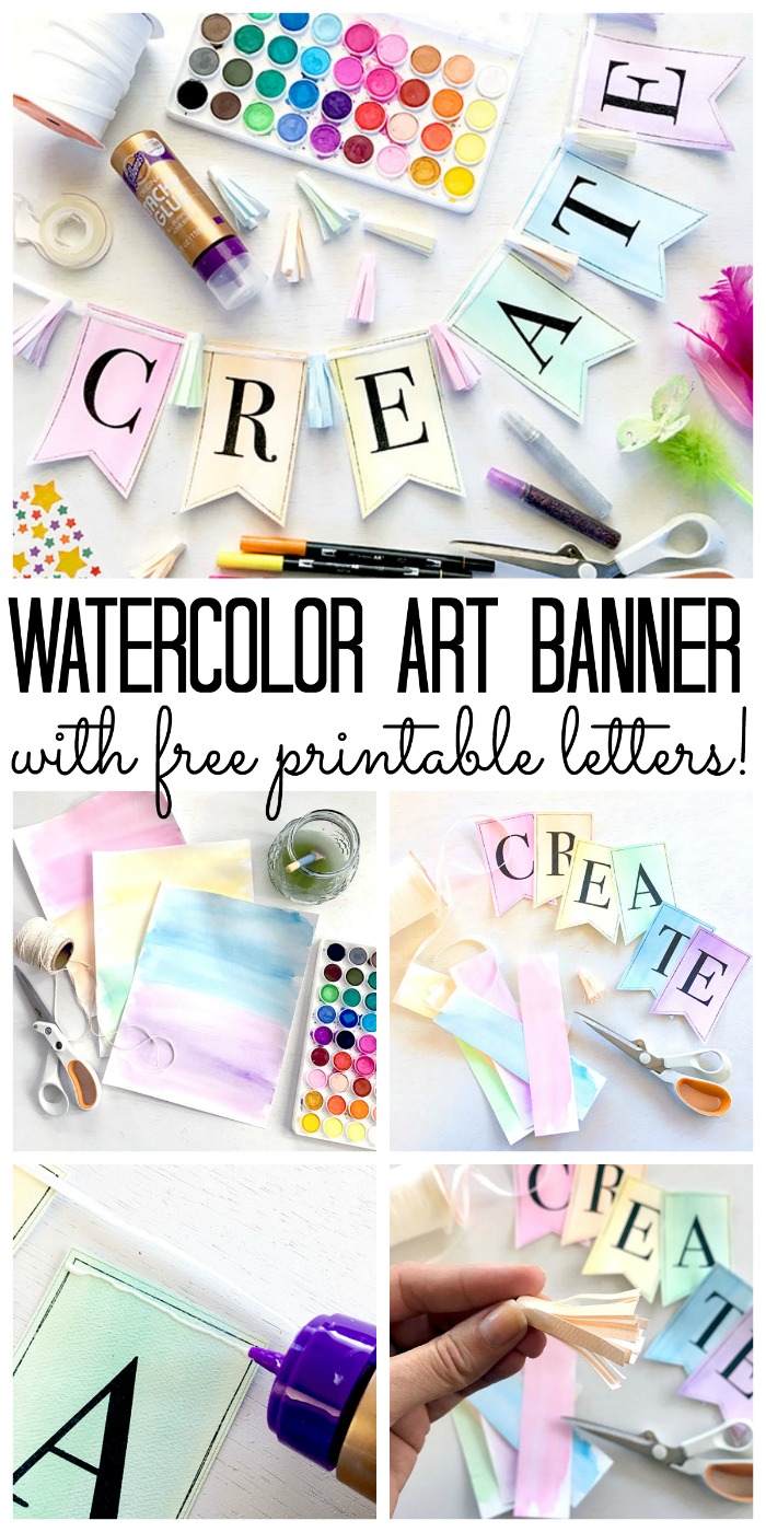 Make this watercolor art banner for your home decor!  Includes free printable letters!