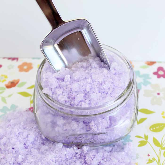 Gift these DIY lavender bath salts in a small mason jar for a perfect spa-day gift