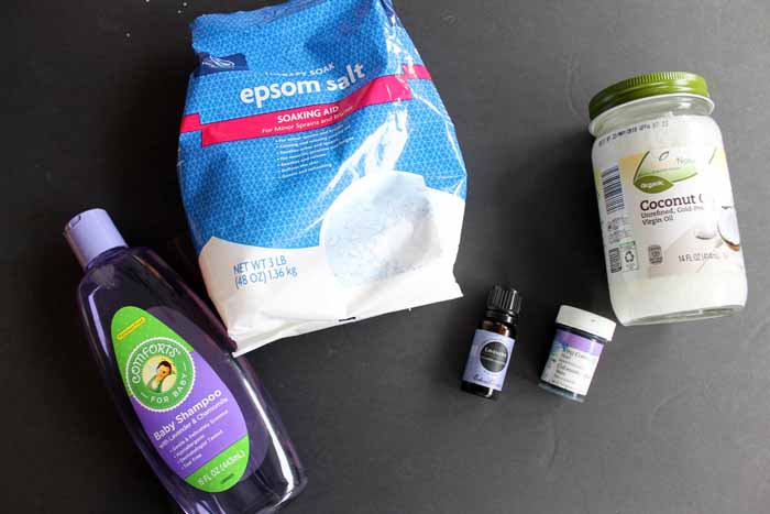 All you need to make these DIY lavender bath salts is some epsom salt, coconut oil, lavender essential oil and baby shampoo