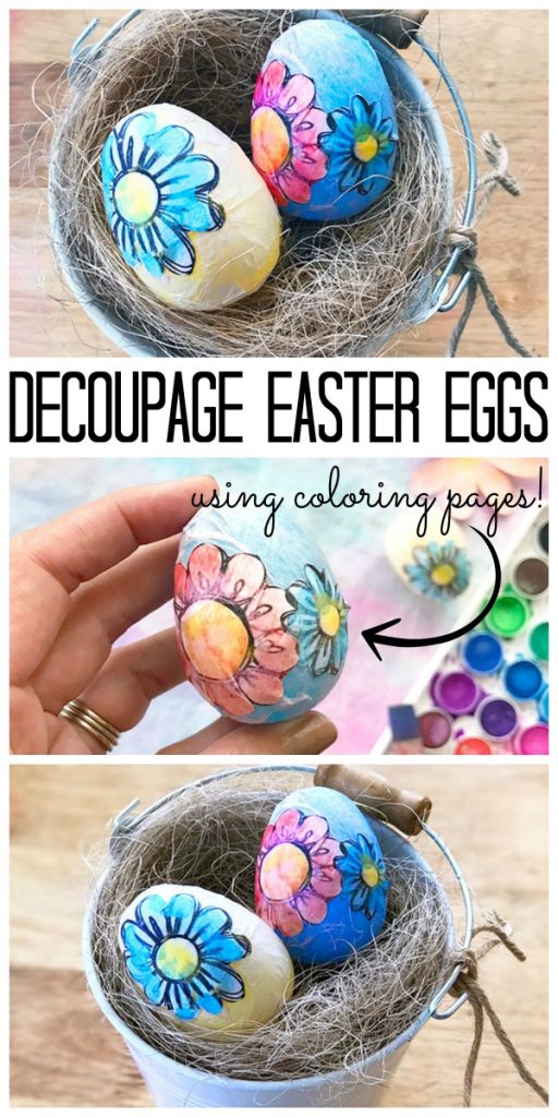 Make these decoupage Easter eggs using coloring pages! Cute spring decor idea!