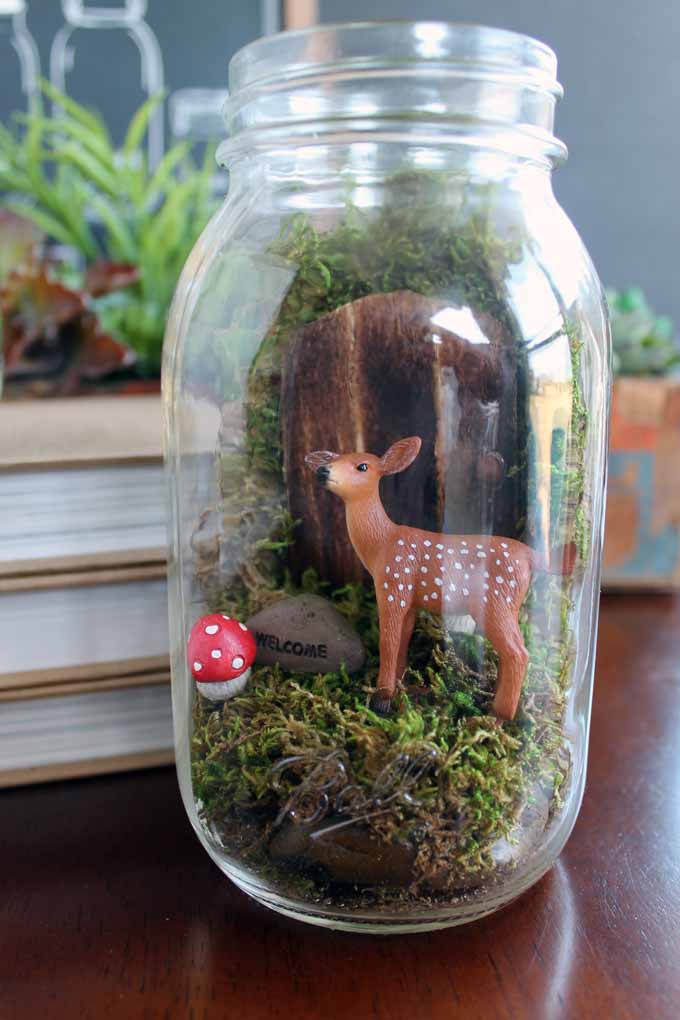 fairy garden terrarium in a mason jar up close