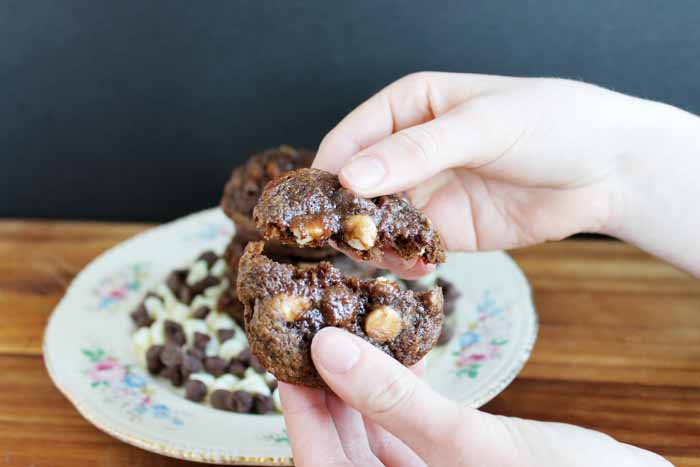 Triple Chocolate Chip Cookies breaking in half