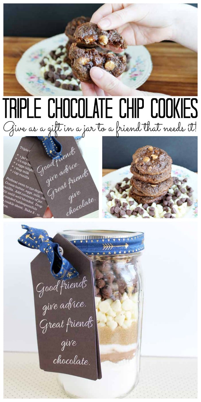 Triple Chocolate Chip Cookies Recipe along with a way to give these as a gift in a jar to a friend!