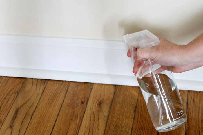 spraying baseboards with water